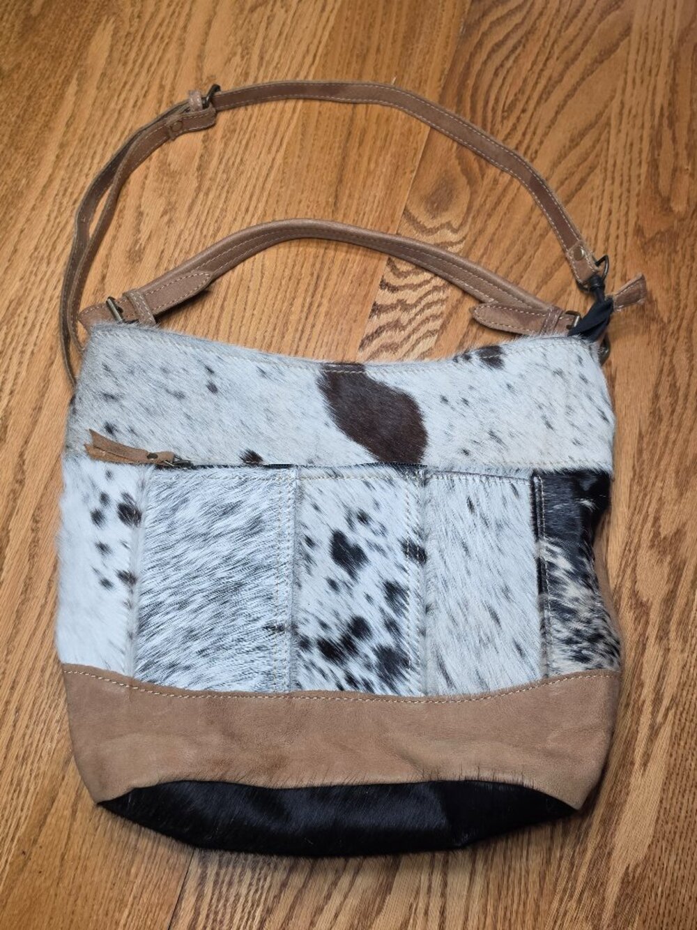 Myra Gag Cowhide Cotton Crossbody Purse Brown Tan Cream Black
